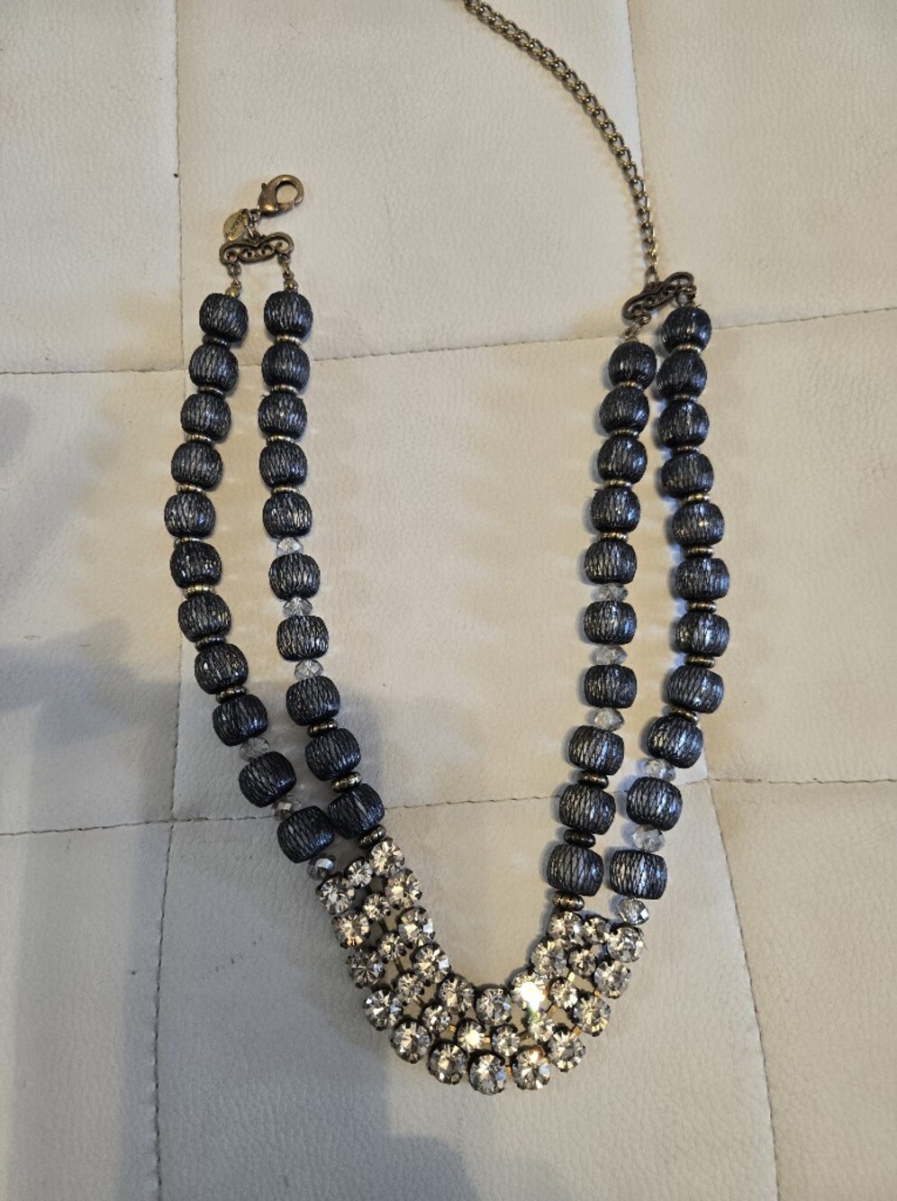 Chico's Metallic Silver-Gray Beaded Necklace with Crystal Accents